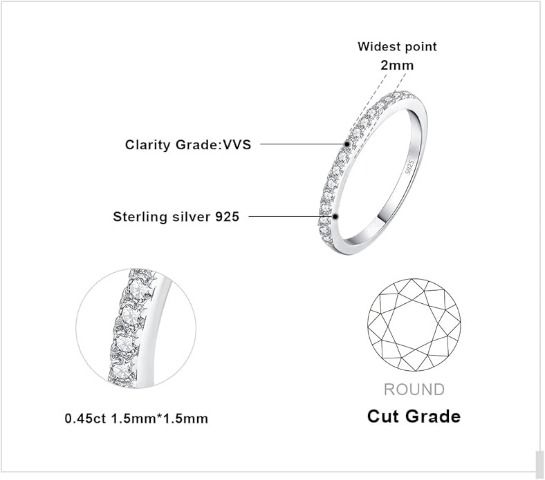 JewelryPalace 6 Stone Cubic Zirconia Half Eternity Stackable Wedding Rings for Women, 14K White Yellow Rose Gold Plated 925 Sterling Silver Promise Rings for Her, Simulated Diamond Wedding Band Ring