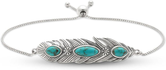 Genuine Turquoise Feather Bracelet for Women 925 Sterling Silver Native American Real Turquoise Adjustable Boho Bracelets 6 to 8 Inch