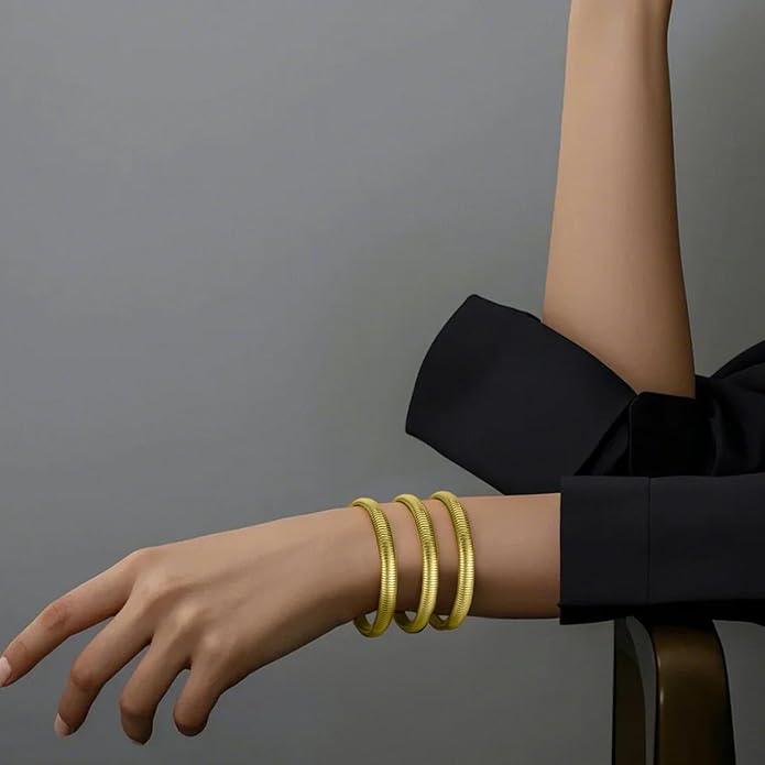 Emibele Gold Bangles Bracelet Set for Women, 18K Gold Plated Chunky Stainless Steel Non Tarnish Stretch Bracelet Stack, Flexible Wide Wristband Bangle Layered Snake Chain Bracelets