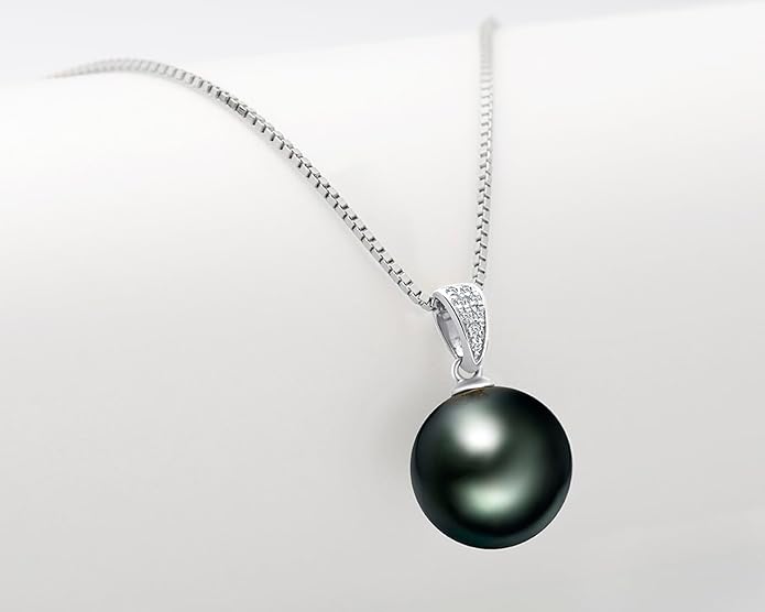DENGGUANG 18K Gold Natural Black Pearl Pendant Necklace Pendant with Diamond 10-11mm Genuine Tahitian Cultured Round Pearls Jewelry Gifts for Women with 18" Silver Chain