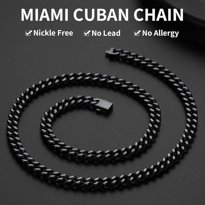 ChainsHouse Stainless Steel Mens Cuban Link Chain, Black/ 18K Gold Plated Miami Cuban Chain Necklace, 5mm/7mm/9mm/12mm/14mm Width, No Tarnish& Durable Hip Hop Mens Jewelry, 18"-30", Send Gift Box