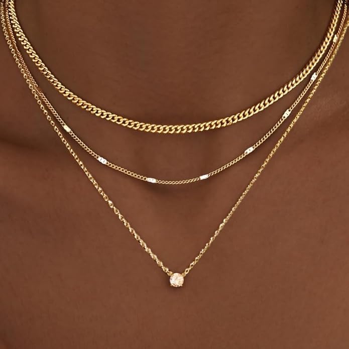 WomenGifts Layered Gold Necklaces for Women, 14K Gold Sterling Silver Plated Dainty Pendant Necklace Set with Cubic Zirconia Circle, Chunky Stackable Cuban Chain Choker, Trendy Personalized Birthstone Jewelry Gift Non Tarnish