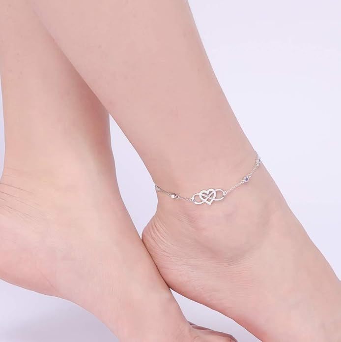 S925 Sterling Silver Ankle Bracelet for Women,Infinity Anklet with Heart Design Charm Jewelry Mother's Day Gifts for Women Mother