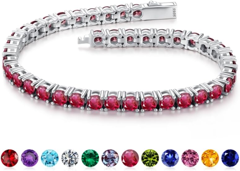 Iefil Christmas Gifts for Women - Size 6.5" - 7" Sterling Silver Tennis Birthstone Bracelet, Anniversary Birthday Gifts for Women