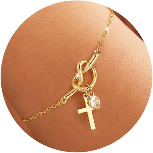 Moodear Christmas Gifts Sotcking Stuffers, Dainty 925 Sterling Silver/14k Gold Plated CZ Cross Bracelet Layered Snake Pearl Chain Knot Bracelets for Women Trendy Religious Christian Jewelry