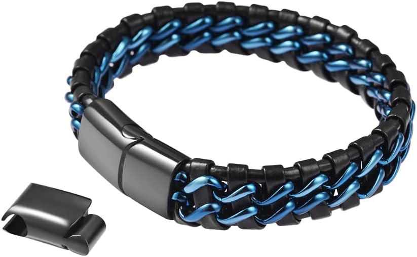 Men's Braided Genuine Leather Link Steel Chain Bracelet