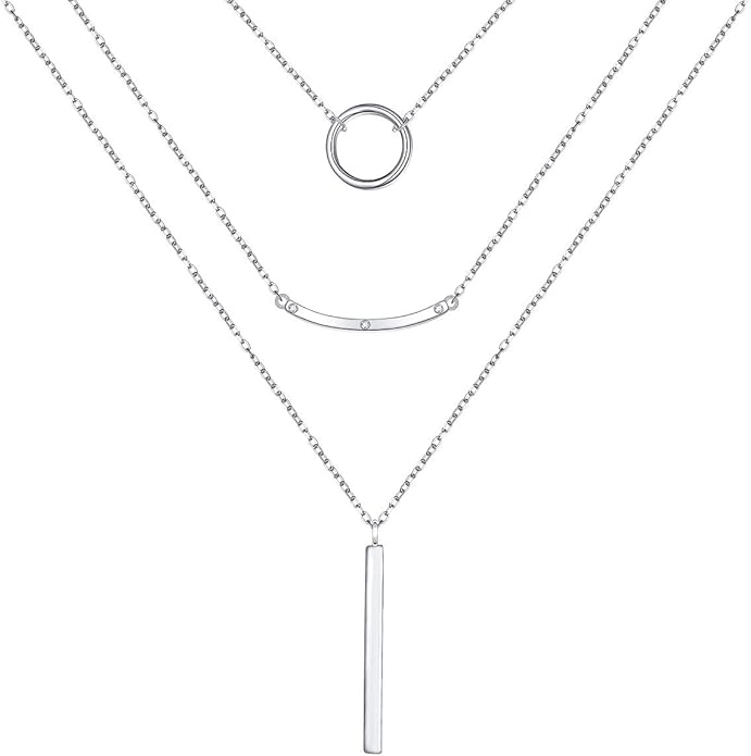 S925 Sterling Silver Layered Necklaces Multi 3 Layer Circle Bar Boho Long Triple Choker Pendant Necklace Jewerly Gift for Women