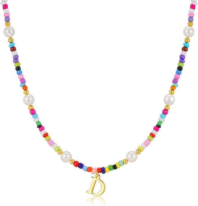 M MOOHAM Colorful Initial Necklaces for Girls Women Kids - Christmas Stocking Stuffers Beaded Pearl Choker Necklace for Women Teen Girl Gifts Trendy Personalized Letter Birthday Gifts Kids Jewelry