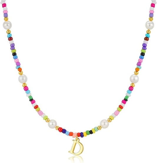 M MOOHAM Colorful Initial Necklaces for Girls Women Kids - Christmas Stocking Stuffers Beaded Pearl Choker Necklace for Women Teen Girl Gifts Trendy Personalized Letter Birthday Gifts Kids Jewelry