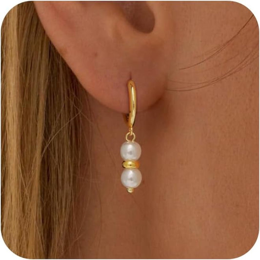 14K Gold Plated Pearl Dangle Earrings for Women, Small Pearl Drop Huggie Hoop Earrings, Hypoallergenic Dainty Gold Wedding Earrings Jewelry Gifts for Women Trendy