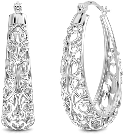 LeCalla 925 Sterling Silver Hoop Earrings for Women | Women's Filigree Hoop Earrings | Antique Oxidized Openwork Mesh Filigree Cut Earring Chunky Hoops | Hypoallergenic Vintage Filigree Oval Hoop Earrings for Women