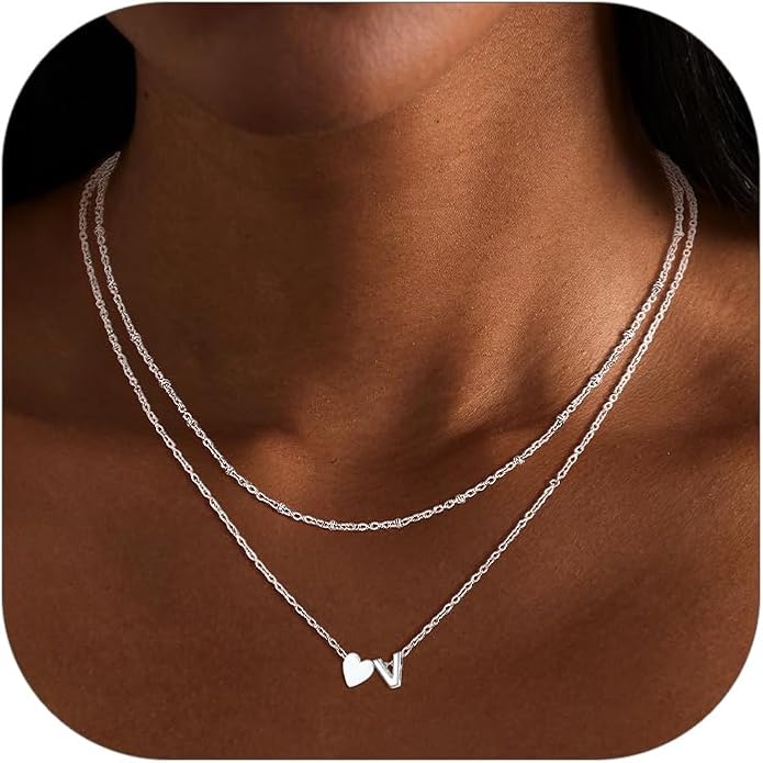 FOCALOOK Layered Initial Necklace for Women, 14K Gold Plated Choker Necklaces Stacks with Initial A-Z, Dainty Silver Heart Pendant Necklace Personalized Birthday Women Jewelry