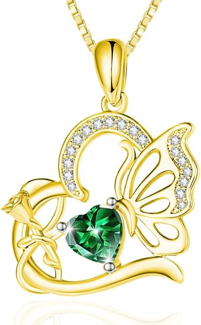 Birthstone Heart butterfly Necklace for Women, Infinity Pendant 14K Gold /18K White Gold Womens Necklaces, Jewelry Anniversary Birthday Christmas Gifts for Her Mom Wife﻿