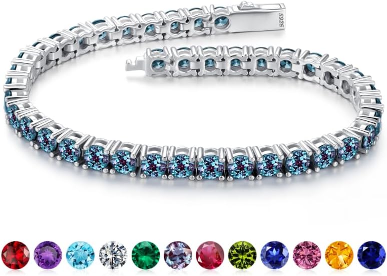 Iefil Christmas Gifts for Women - Size 6.5" - 7" Sterling Silver Tennis Birthstone Bracelet, Anniversary Birthday Gifts for Women