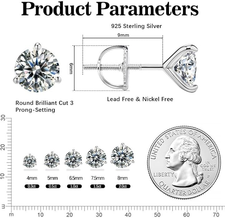 Moissanite Earrings for Men Women,VVS1 Clarity D Color 0.3-2ct,925 Sterling Silver Hypoallergenic Screw Back,Ideal Gift for Wedding Birthday Anniversary Valentine's Day