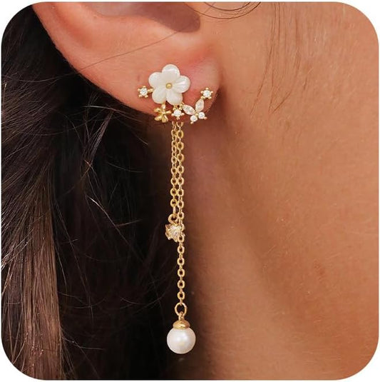 14K Gold Plated Butterfly Dangle Earrings for Women - Dainty, Trendy, Hypoallergenic CZ Drop Earrings - Simple Long Dangling Jewelry