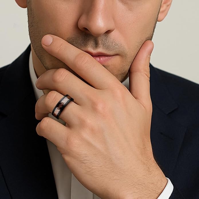 Mens Wedding Band Tungsten Rings: 8mm Black Tungsten Rings for Men Wood Wedding Ring Band for Man - Silver Ring for Men Wedding Bands for Women Wood Promise Rings for Him