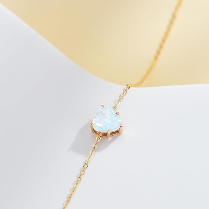 14k Gold Love Heart Gemstone Bracelet for Women,7MM Heart-cut Created Birthstone Anniversary Birthday Mother's Day Bracelets Jewelry for Mom Her 6.5''+2''