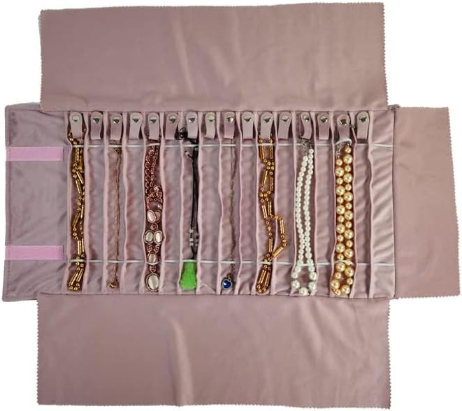 SCIKHEFT Portable Jewelry Roll Untangled Secure Necklace Travel Storage Bag Displays Holder 16 Chain (Embroidery Pink Velvet)