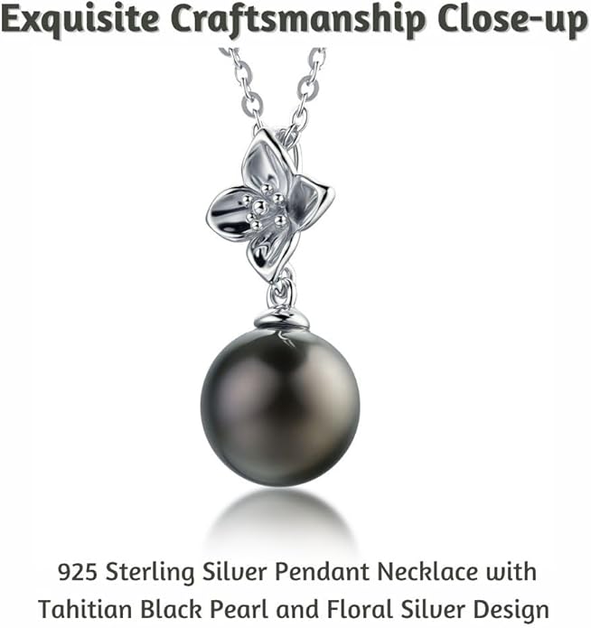 Lunar Belle Tahitian Black Jewelry Pearl Pendant Necklace in Sterling Silver, Luxury Wedding Christmas Gift for Women Mother Wife (Marine Fleur)