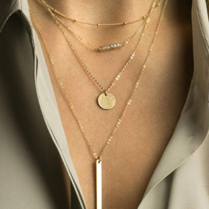 Turandoss Gold Layered Necklaces for Women - 14K Gold Plated Handmade Multilayer Bar Pearls Coin Disc Moon Butterfly Medallion Adjustable Dainty Layered Choker Necklaces for Women Jewelry