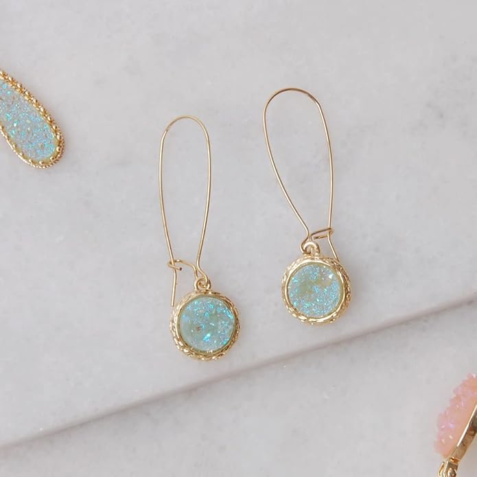 Simulated Druzy Threader Drop Earrings for Women - Gold, Silver, or Rose Gold Tone Trendy Boho Dangles with Sparkly Round Stone