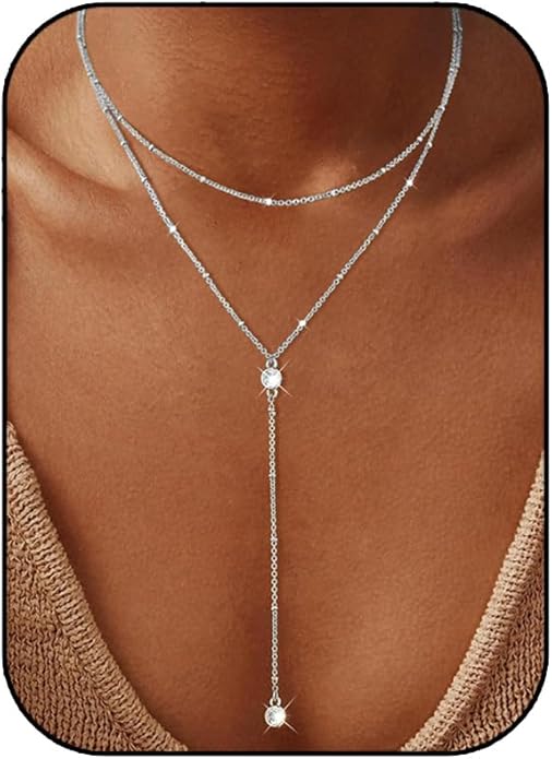 iF YOU Lariat Gold Long Necklaces for Women Trendy, Dainty 14K Gold Plated Drop Chain Necklace, Layered Rosary Beaded Y Necklaces Simple Fashion Jewelry Gifts