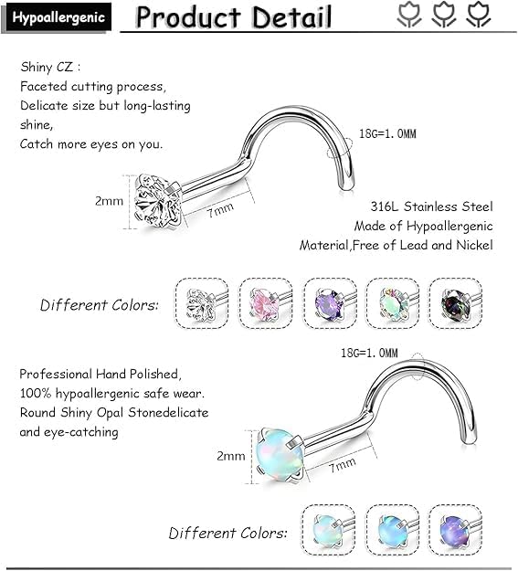 Nose Rings Studs: 8Pcs 20G Gold/Silver 316L Surgical Stainless Steel Nose Studs Hypoallergenic Corkscrew Nose Piercing Stud Jewelry for Women Men Clear Cubic Zirconia Imitation Diamond Top Size 1.5mm 2mm 2.5mm 3mm