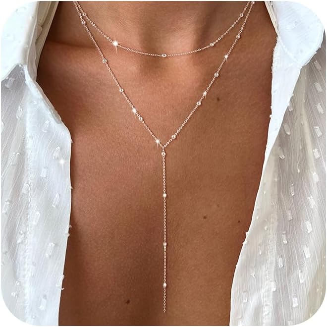 Foxgirl Lariat Gold Necklace for Women, Dainty Long Necklace 14k Gold Plated/Silver Y-Shaped Pendant Necklace Trendy Layered Cz Beaded Chain Drop Necklaces Simple Gold Jewelry For Women Gift