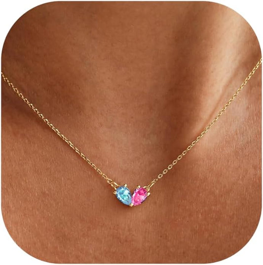 KOHOTA Gold Birthstone Necklace for Women Non Tarnish 14K Gold Plated CZ Heart Pendant Necklaces Dainty 2 Birthstones Emerald Green Charm Necklace for Mother and Daughter Birthday Jewelry Gifts
