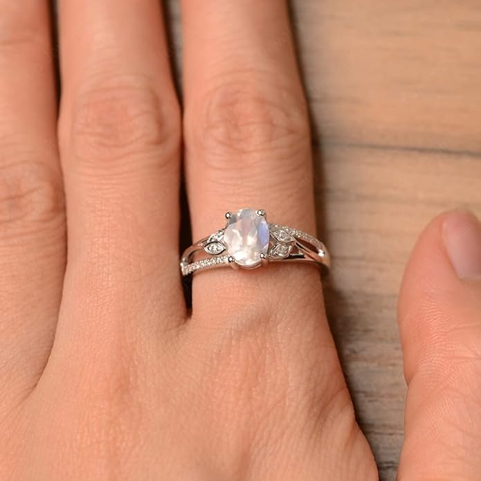 925 Sterling Silver Oval Shaped 8X6 MM Gemstone Ring Leaf Engagement Ring for Women Jewelry