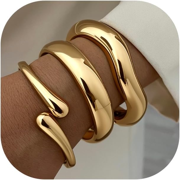 Chunky Gold Bangle Bracelets for Women, 14k Dainty Gold Cuff Stackable Bracelet Set, Trendy Bracelet Stack Fashion Jewelry Gifts