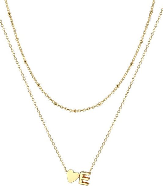 FOCALOOK Layered Initial Necklace for Women, 14K Gold Plated Choker Necklaces Stacks with Initial A-Z, Dainty Silver Heart Pendant Necklace Personalized Birthday Women Jewelry