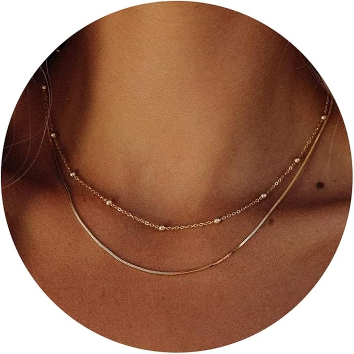 Freekiss Herringbone Necklace for Women,Dainty Gold Necklace,14k Gold Plated Snake,Gold Chain Choker Necklaces,Simple Gold Layered Necklaces,Gold Jewelry Gift for Women