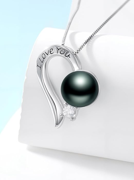 KANNSOAR Tahitian Black Pearl 18K White Gold Plated Sterling Silver Heart/Infinity/Four Leaf Clover Pendant Necklace Jewelry Gifts for Women Wife Mom Girlfriend Wedding Birthday Anniversary Christmas