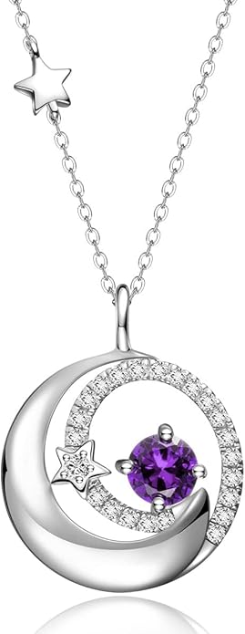 FANCIME Birthstone Necklaces 925 Sterling Silver Moon and Star Pendant Fine Jewelry Birthday Christmas Gifts for Mom Wife Her Daughter, Adjustable Chain 16+2"
