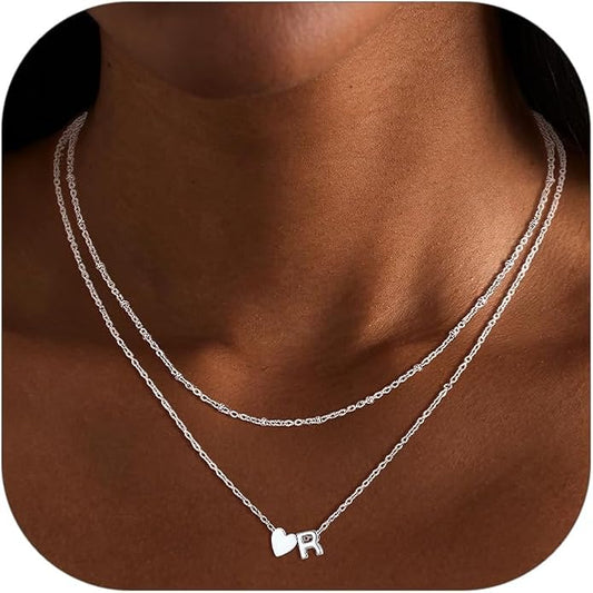 FOCALOOK Layered Initial Necklace for Women, 14K Gold Plated Choker Necklaces Stacks with Initial A-Z, Dainty Silver Heart Pendant Necklace Personalized Birthday Women Jewelry