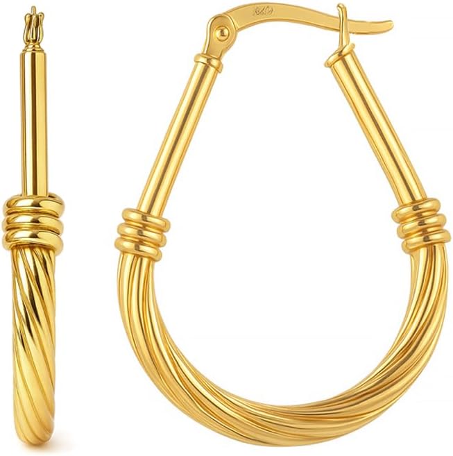 LeCalla 925 Sterling Silver Hoop Earrings | Italian Design Classic Diamond-Cut Textured Earring Hoops | Women's Drop Shape Oval Hoop Earring Jewelry for Women