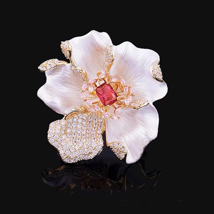 Rhinestone White Peony Brooch Pin - Gold Plated | Ideal Gift for Mom & Wife on Thanksgiving Day, Birthdays & Weddings