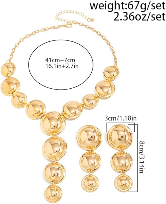Exaggerated Chunky Gold Choker Long Y Necklace Round Drop Earring Set for Women Unique Big Geometry Silver Necklaces Large Dangly Earring Jewelry Gift