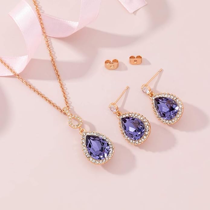 Austrian Crystals Teardrop Pendant Necklace Earrings for Women 14K Gold Plated Hypoallergenic Jewelry Set