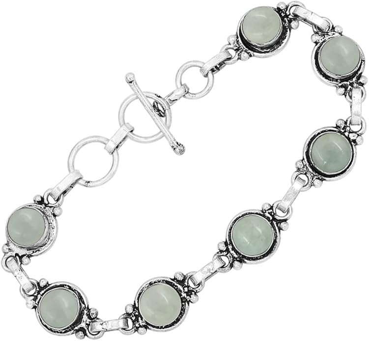 Round Shape Natural & Synthetic Gemstones Silver Plated Bracelets for Women - Vintage Bohemian Style Handmade Birthstone Adjustable Link Bracelet Jewelry Gifts for Wedding Anniversary Mother's Day