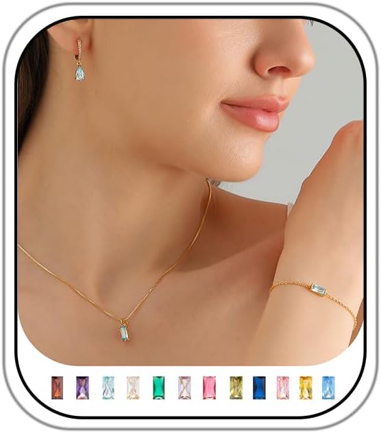 Birthstone 14K Gold Plated Bracelets Earrings Necklaces Jewelry Set， Blue Green May Cubic Zirconia，Friendship Bracelets Jewelry Gifts for Mom Best Friend Birthday