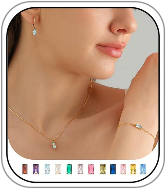 Birthstone 14K Gold Plated Bracelets Earrings Necklaces Jewelry Set， Blue Green May Cubic Zirconia，Friendship Bracelets Jewelry Gifts for Mom Best Friend Birthday