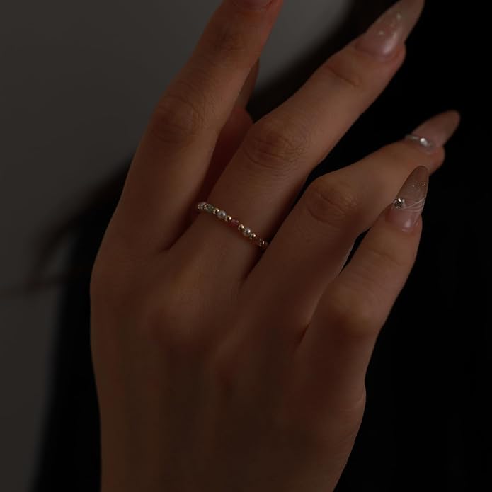 2-2.5mm 14k Gold Filled Rainbow Ring Stackable Round Natural Colored Crystal Freshwater Pearl Ring Gift for Women