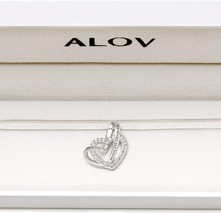 ALOV Jewelry Sterling Silver "I love you for always and forever" Love Heart Cubic Zirconia Necklace