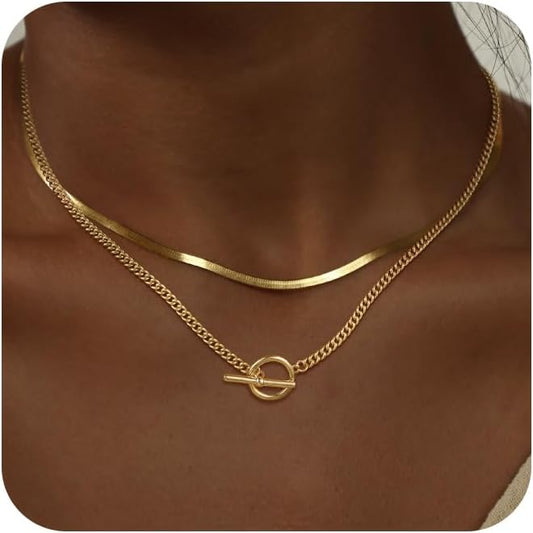 CHESKY 14K Gold Plated Layered Herringbone Necklaces for Women, Trendy Paperclip Snake Chain Necklace Cuban Link Simple Chunky Toggle Clasp Necklace Set Fashion Jewelry