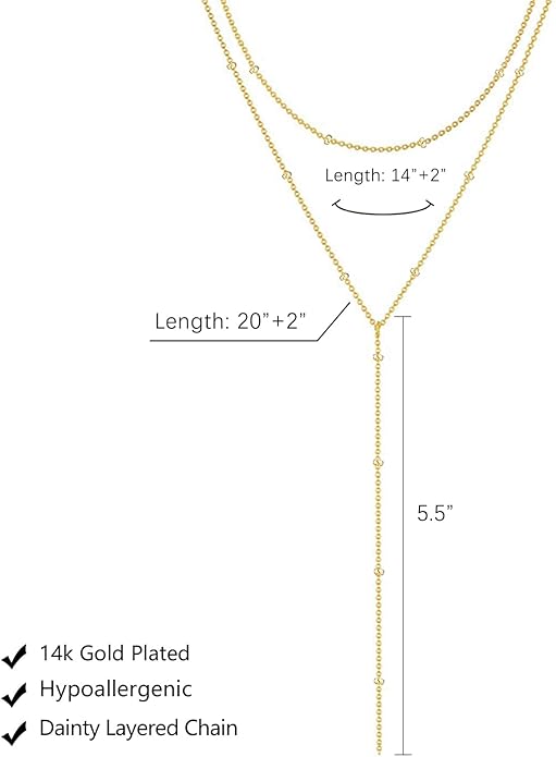 Lariat Gold Necklace for Women, Dainty Long Necklace 14k Gold Plated/Silver Y-Shaped Layered Beaded Chain Drop Necklaces for Women Trendy Simple Gold Jewelry for Women Gifts