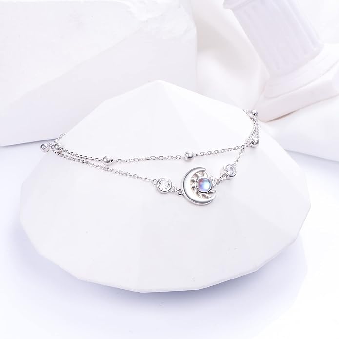 Anklets for Women 925 Sterling Silver Charm Layered Simulated Opal/Moonstone/Daisy/Infinity Summer Beach Ankle Bracelet Foot Chain Jewelry Birthday Valentine's Day Mother's Day Gift