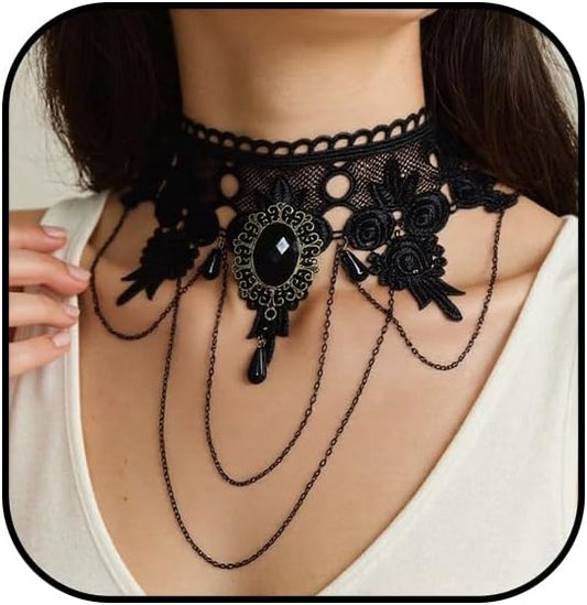 Black Lace Choker Necklace for Women Gothic Crystal Necklace Goth Collar Choker Necklaces Vintage Victorian Necklaces Halloween Costume Accessories